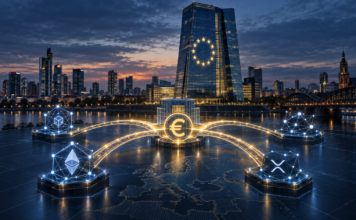 EZB-Gebäude mit Euro-Abwicklungsnetzwerk und XRP-Ledger-Symbol