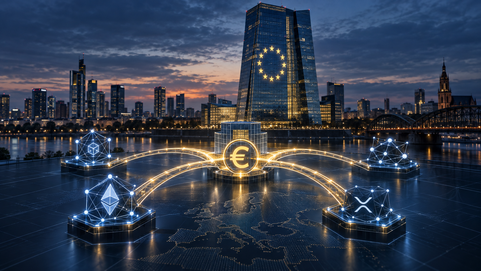 EZB-Gebäude mit Euro-Abwicklungsnetzwerk und XRP-Ledger-Symbol