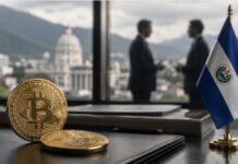 Bitcoin-Münzen und El-Salvador-Flagge auf einem Schreibtisch in einem Büro, mit verschwommenen Geschäftsleuten im Hintergrund