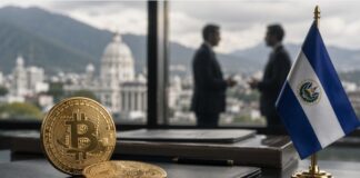 El Salvador bleibt auf Bitcoin-Kurs und setzt Käufe nach Einigung mit internationalem Währungsfonds (IWF) fort Bitcoin-Münzen und El-Salvador-Flagge auf einem Schreibtisch in einem Büro, mit verschwommenen Geschäftsleuten im Hintergrund