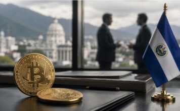 El Salvador bleibt auf Bitcoin-Kurs und setzt Käufe nach Einigung mit internationalem Währungsfonds (IWF) fort Bitcoin-Münzen und El-Salvador-Flagge auf einem Schreibtisch in einem Büro, mit verschwommenen Geschäftsleuten im Hintergrund