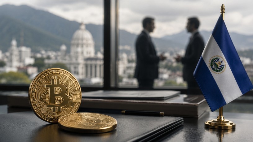 Bitcoin-Münzen und El-Salvador-Flagge auf einem Schreibtisch in einem Büro, mit verschwommenen Geschäftsleuten im Hintergrund