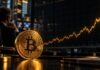 Star-Berater: Bitcoin-Kursziel von 500.000 USD bis 2030 ist “konservativ” Goldene Bitcoin-Münze auf einem Schreibtisch vor einem stark ansteigenden Kurschart in dunkler Trading-Umgebung