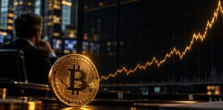 Goldene Bitcoin-Münze auf einem Schreibtisch vor einem stark ansteigenden Kurschart in dunkler Trading-Umgebung
