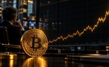 Star-Berater: Bitcoin-Kursziel von 500.000 USD bis 2030 ist “konservativ” Goldene Bitcoin-Münze auf einem Schreibtisch vor einem stark ansteigenden Kurschart in dunkler Trading-Umgebung