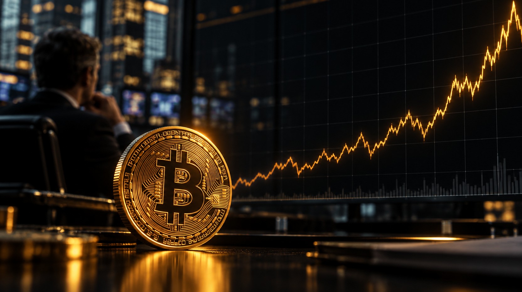 Goldene Bitcoin-Münze auf einem Schreibtisch vor einem stark ansteigenden Kurschart in dunkler Trading-Umgebung