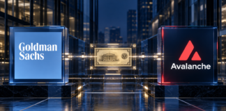 Goldman-Sachs- und Avalanche-Logo, verbunden durch eine stilisierte Finanzinfrastruktur