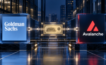 Goldman-Sachs- und Avalanche-Logo, verbunden durch eine stilisierte Finanzinfrastruktur