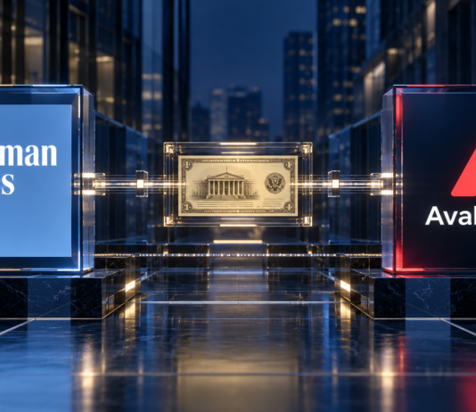Goldman-Sachs- und Avalanche-Logo, verbunden durch eine stilisierte Finanzinfrastruktur