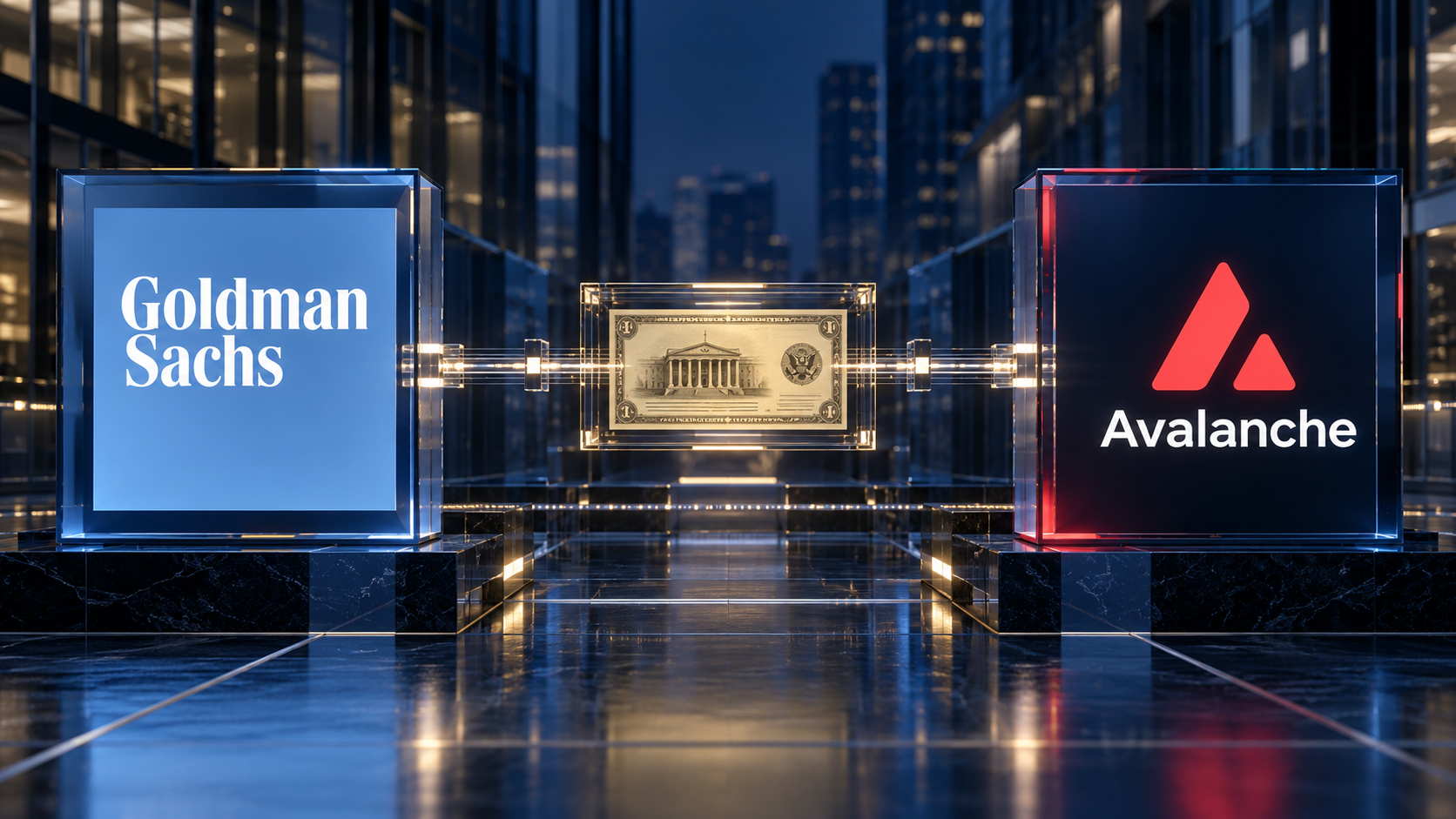 Goldman-Sachs- und Avalanche-Logo, verbunden durch eine stilisierte Finanzinfrastruktur