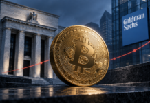 Bitcoin-Bullrun erst in 2027? Goldman Sachs rechnet mit weiterer Zinserhöhung Goldene Bitcoin-Münze vor der US-Notenbank und dem Goldman-Sachs-Logo mit steigender Zinskurve