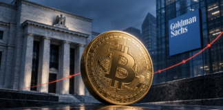 Goldene Bitcoin-Münze vor der US-Notenbank und dem Goldman-Sachs-Logo mit steigender Zinskurve