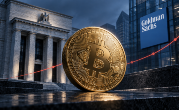Goldene Bitcoin-Münze vor der US-Notenbank und dem Goldman-Sachs-Logo mit steigender Zinskurve