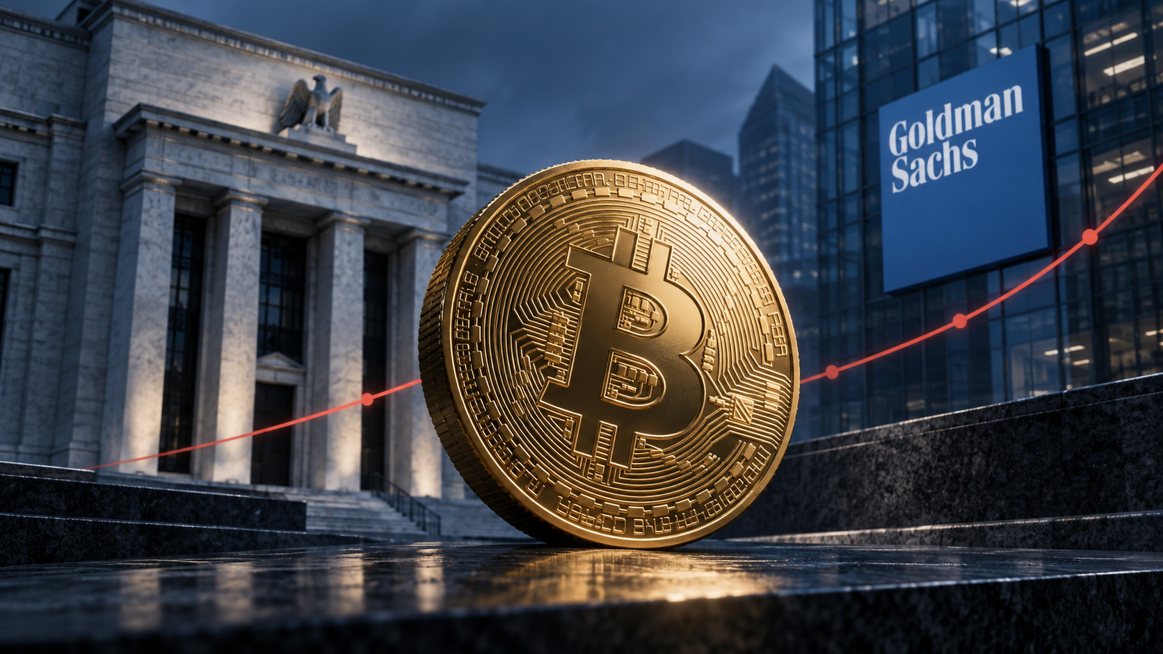 Goldene Bitcoin-Münze vor der US-Notenbank und dem Goldman-Sachs-Logo mit steigender Zinskurve