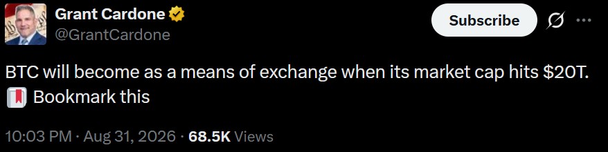 Screenshot eines X-Posts von Grant Cardone: „BTC will become as a means of exchange when its market cap hits $20T.“