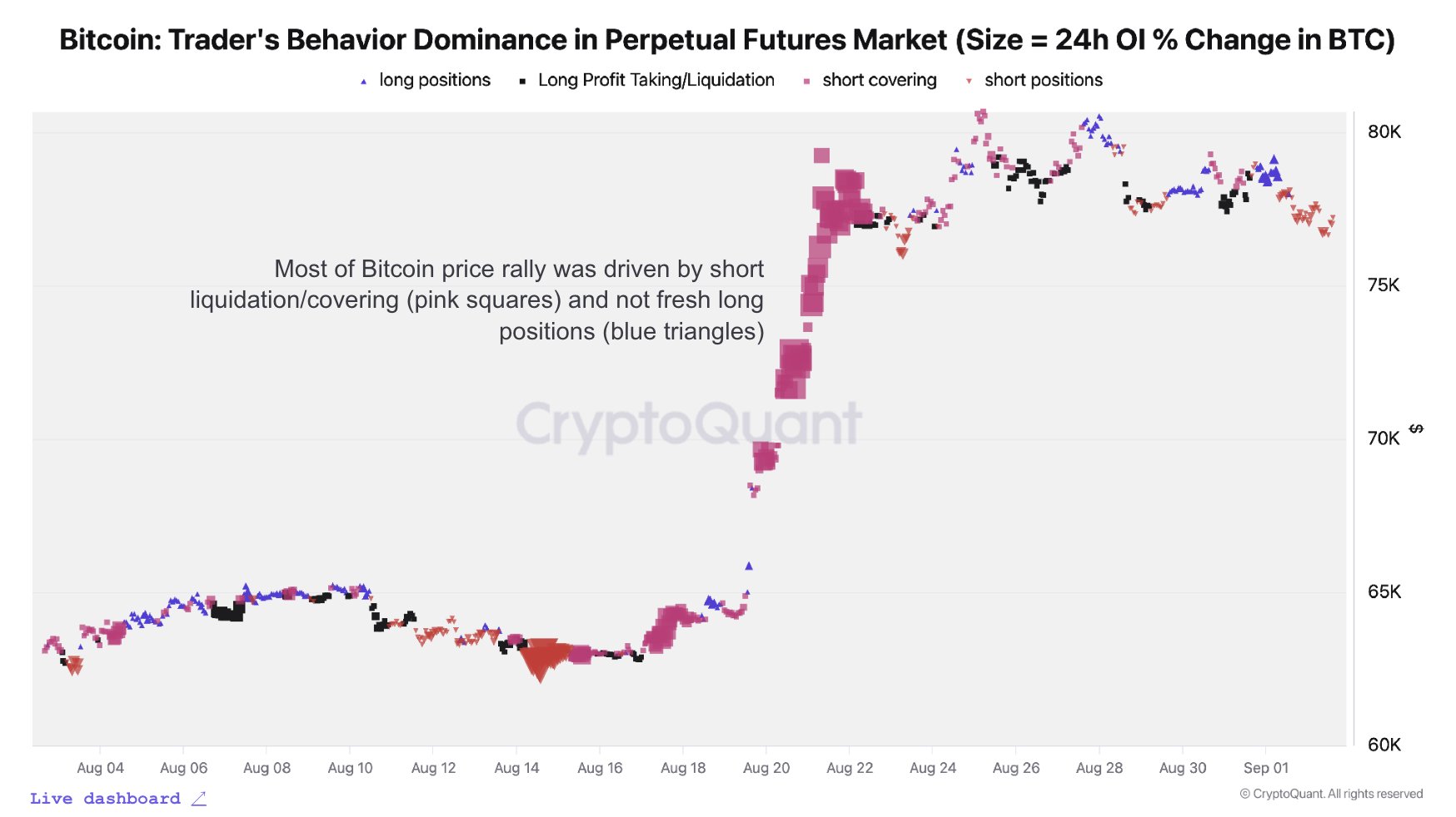 Bitcoin: Dominierendes Traderverhalten am Perpetual-Futures-Markt (Markergröße = 24-Stunden-Veränderung des BTC Open Interest in %)