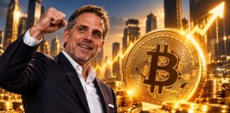 Hunter Biden vor einem großen Bitcoin-Symbol und einem stark steigenden Bitcoin-Kurschart.