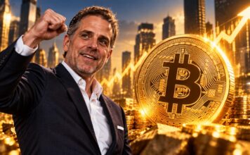 Hunter Biden vor einem großen Bitcoin-Symbol und einem stark steigenden Bitcoin-Kurschart.