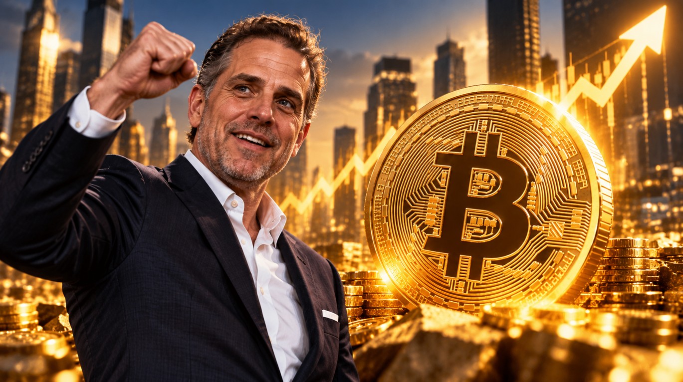 Hunter Biden vor einem großen Bitcoin-Symbol und einem stark steigenden Bitcoin-Kurschart.