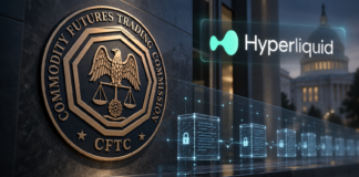 CFTC-Emblem und Hyperliquid-Logo über einer symbolischen Blockchain-Aufzeichnung