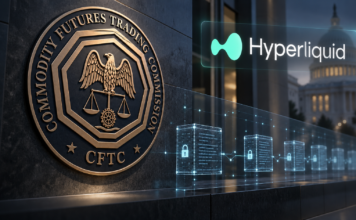 CFTC-Emblem und Hyperliquid-Logo über einer symbolischen Blockchain-Aufzeichnung