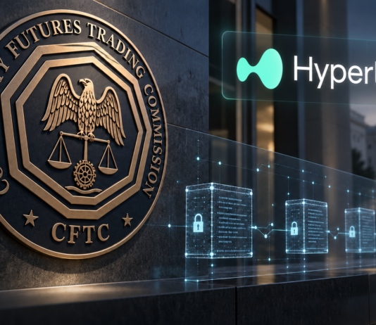 CFTC-Emblem und Hyperliquid-Logo über einer symbolischen Blockchain-Aufzeichnung