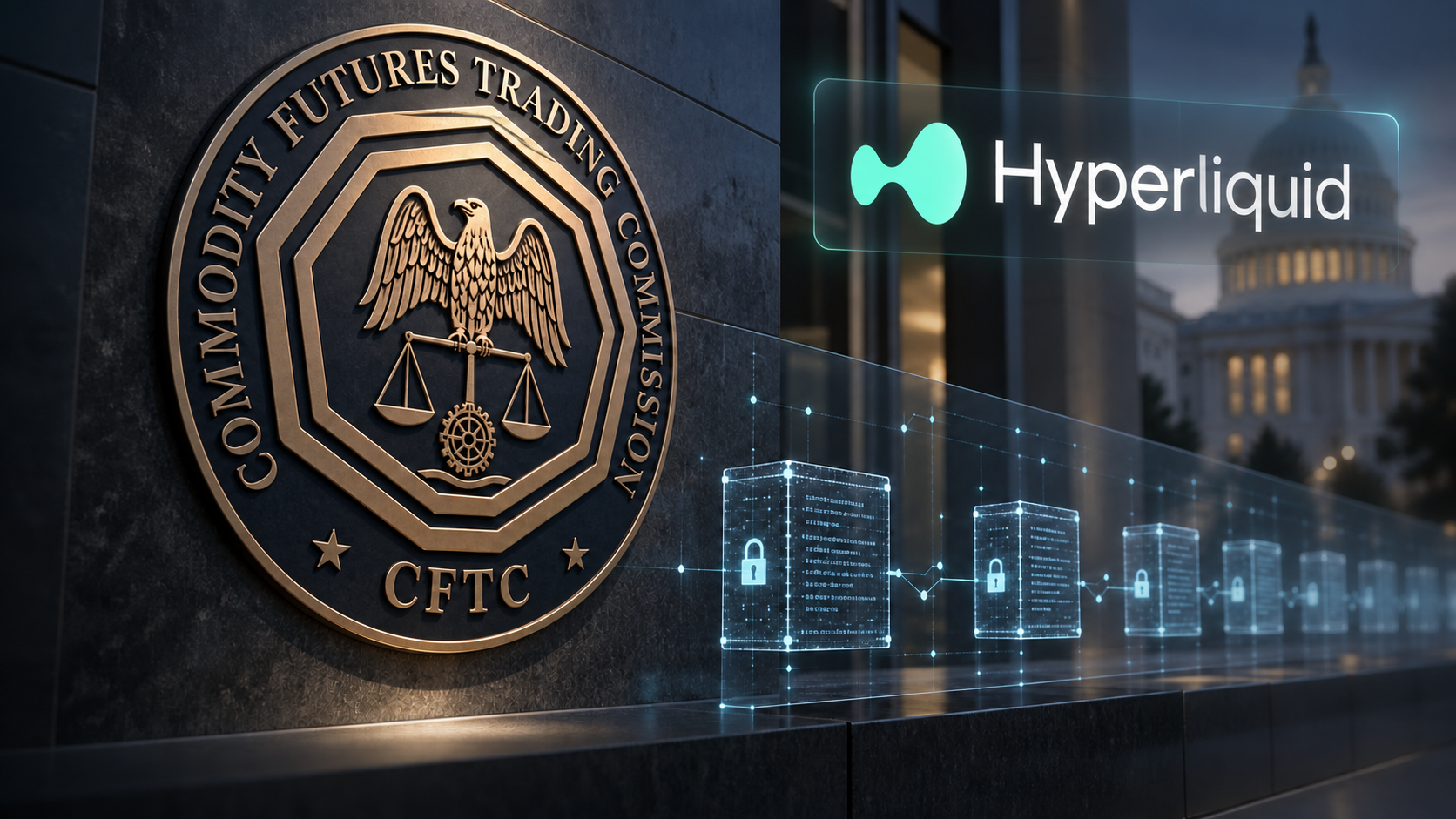 CFTC-Emblem und Hyperliquid-Logo über einer symbolischen Blockchain-Aufzeichnung