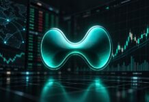 Kraken’s Muttergesellschaft Payward startet Hyperliquid-Futures Illustration im Bloomberg-Stil: Leuchtendes Hyperliquid-Logo vor dunklem Hintergrund mit Börsencharts, Handelsoberflächen und aufsteigender Kursgrafik im 16:9-Format.