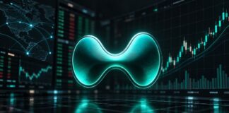 Kraken’s Muttergesellschaft Payward startet Hyperliquid-Futures Illustration im Bloomberg-Stil: Leuchtendes Hyperliquid-Logo vor dunklem Hintergrund mit Börsencharts, Handelsoberflächen und aufsteigender Kursgrafik im 16:9-Format.