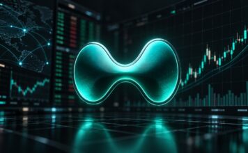 Kraken’s Muttergesellschaft Payward startet Hyperliquid-Futures Illustration im Bloomberg-Stil: Leuchtendes Hyperliquid-Logo vor dunklem Hintergrund mit Börsencharts, Handelsoberflächen und aufsteigender Kursgrafik im 16:9-Format.