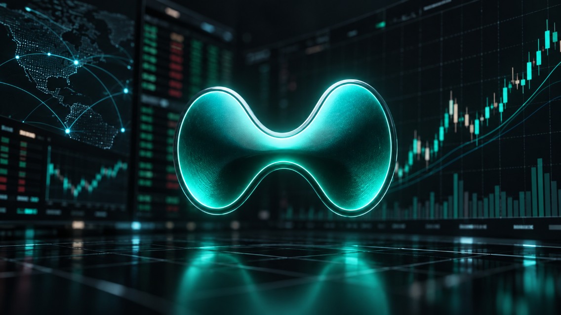 Illustration im Bloomberg-Stil: Leuchtendes Hyperliquid-Logo vor dunklem Hintergrund mit Börsencharts, Handelsoberflächen und aufsteigender Kursgrafik im 16:9-Format.