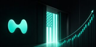 Hyperliquid plant US-Einstieg: Kann HYPE auf 100 Dollar steigen? Hyperliquid-Logo vor stilisiertem US-Portal mit aufsteigendem Kurschart in türkisfarbenen HYPE-Farben als Symbol für den geplanten US-Markteintritt.