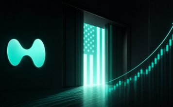 Hyperliquid plant US-Einstieg: Kann HYPE auf 100 Dollar steigen? Hyperliquid-Logo vor stilisiertem US-Portal mit aufsteigendem Kurschart in türkisfarbenen HYPE-Farben als Symbol für den geplanten US-Markteintritt.