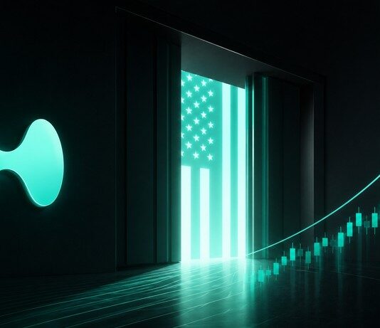 Hyperliquid-Logo vor stilisiertem US-Portal mit aufsteigendem Kurschart in türkisfarbenen HYPE-Farben als Symbol für den geplanten US-Markteintritt.