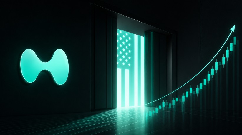 Hyperliquid-Logo vor stilisiertem US-Portal mit aufsteigendem Kurschart in türkisfarbenen HYPE-Farben als Symbol für den geplanten US-Markteintritt.