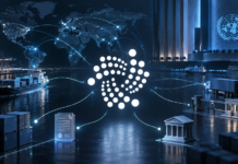 IOTA-Architekt arbeitet an UN-Standard für grenzüberschreitende Handelsdaten IOTA-Symbol vor einer Weltkarte, Handelswegen und dem UN-Emblem