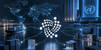 IOTA-Symbol vor einer Weltkarte, Handelswegen und dem UN-Emblem