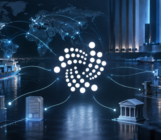 IOTA-Symbol vor einer Weltkarte, Handelswegen und dem UN-Emblem