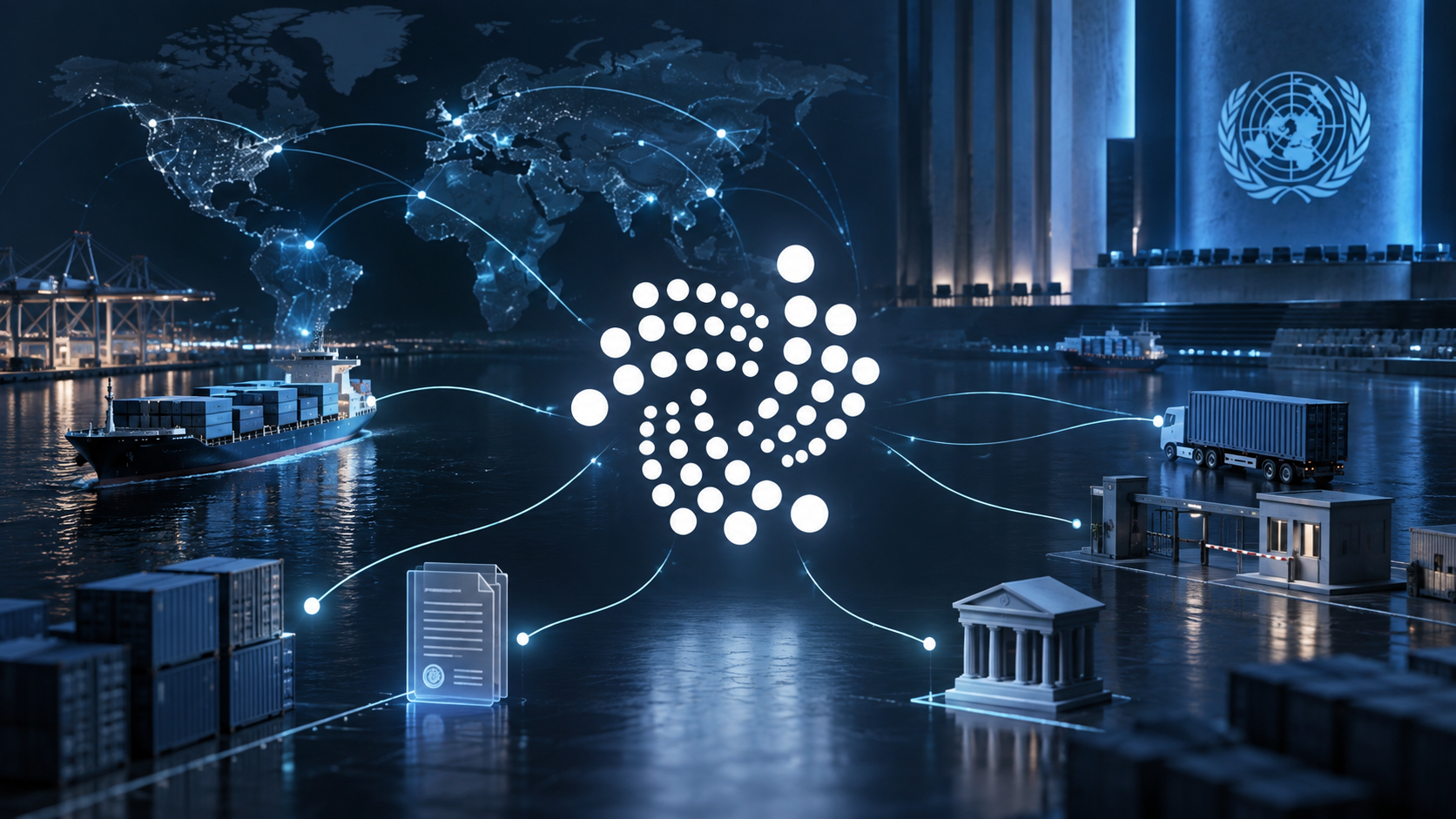 IOTA-Symbol vor einer Weltkarte, Handelswegen und dem UN-Emblem