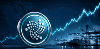 IOTA-Kurs erholt sich: Reicht das für die Rückkehr in die Top 100? IOTA-Symbol vor einem steigenden Kurschart und einem internationalen Containerhafen