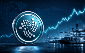 IOTA-Kurs erholt sich: Reicht das für die Rückkehr in die Top 100? IOTA-Symbol vor einem steigenden Kurschart und einem internationalen Containerhafen