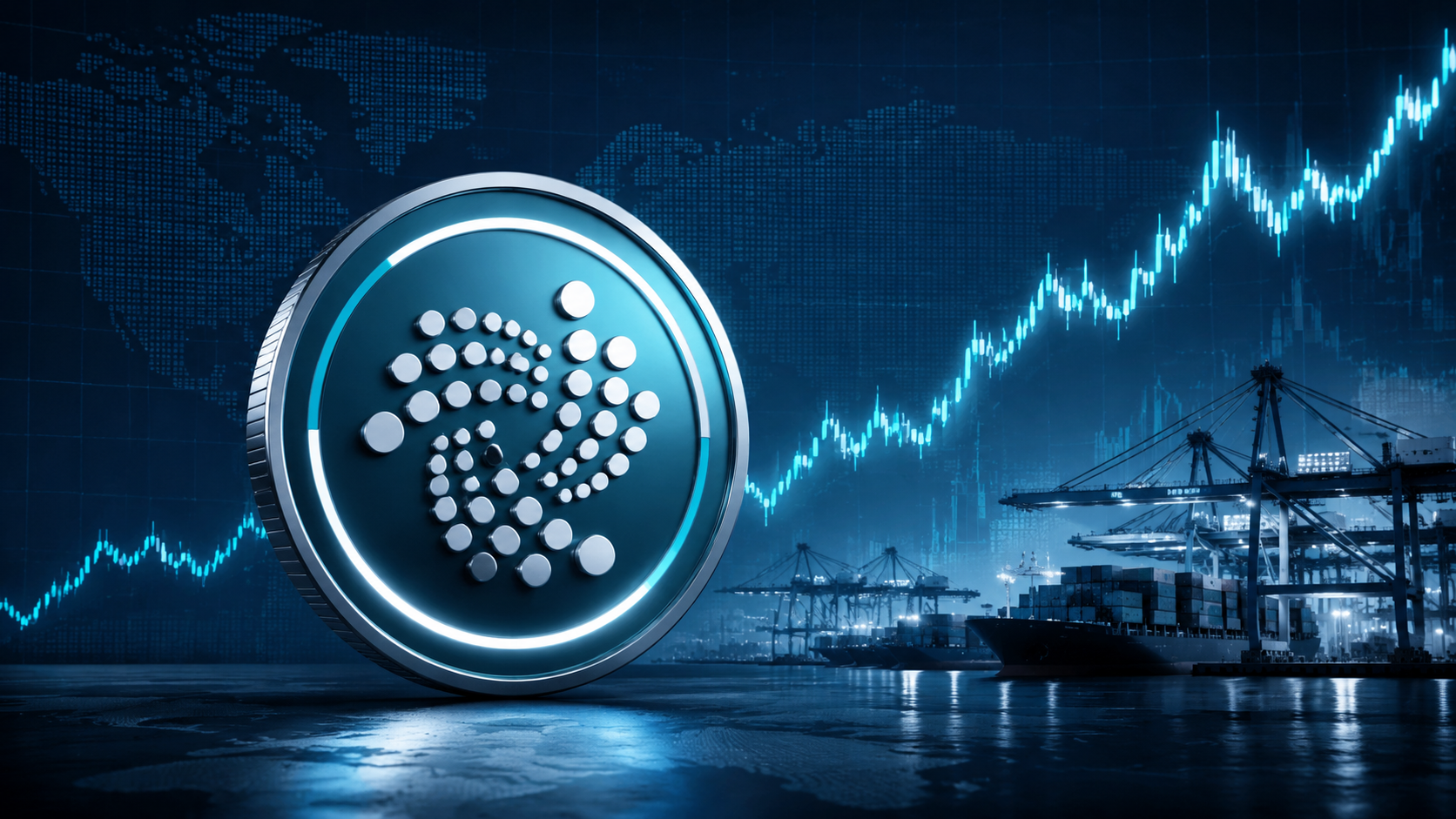 IOTA-Symbol vor einem steigenden Kurschart und einem internationalen Containerhafen
