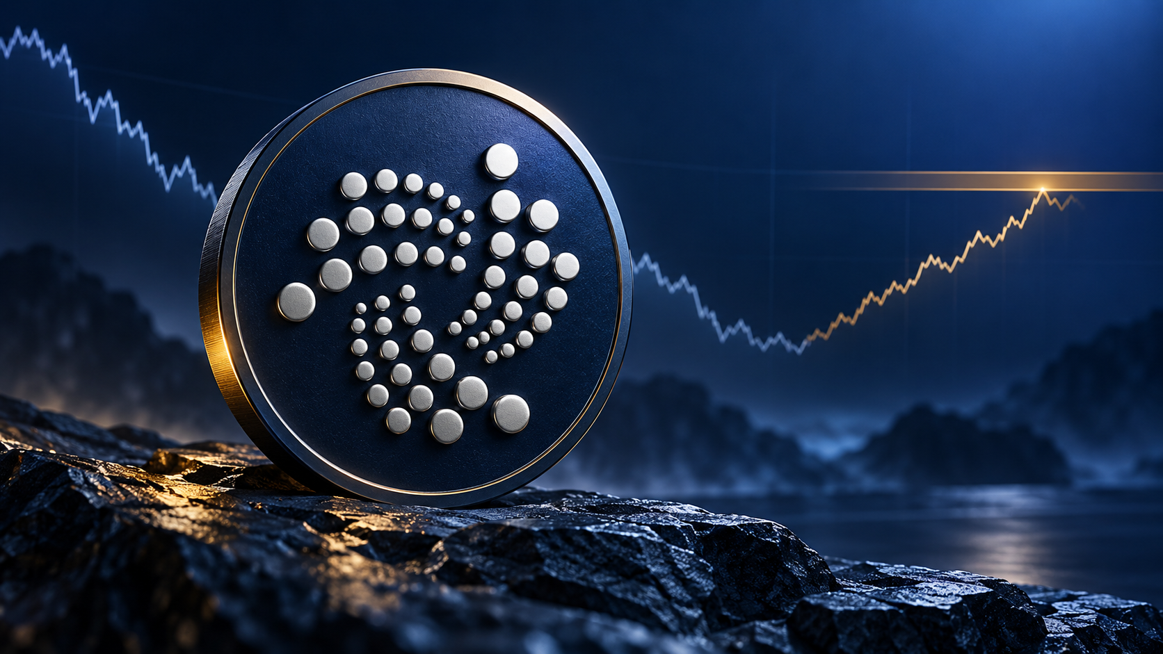 IOTA-Logo auf einer dunkelblauen Münze vor einer symbolischen Kurslinie, die nach einem Rückgang bis an einen Widerstand steigt.