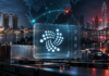 IOTA-Adoption erreicht China: Orobo gewinnt wichtigen Vorentscheid IOTA-Logo vor den Skylines von Singapur und Shenzhen mit digitalem Produktpass und industrieller Lieferkette