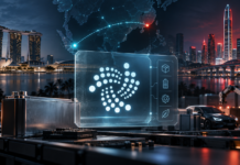 IOTA-Logo vor den Skylines von Singapur und Shenzhen mit digitalem Produktpass und industrieller Lieferkette