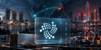 IOTA-Logo vor den Skylines von Singapur und Shenzhen mit digitalem Produktpass und industrieller Lieferkette