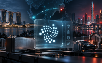IOTA-Logo vor den Skylines von Singapur und Shenzhen mit digitalem Produktpass und industrieller Lieferkette