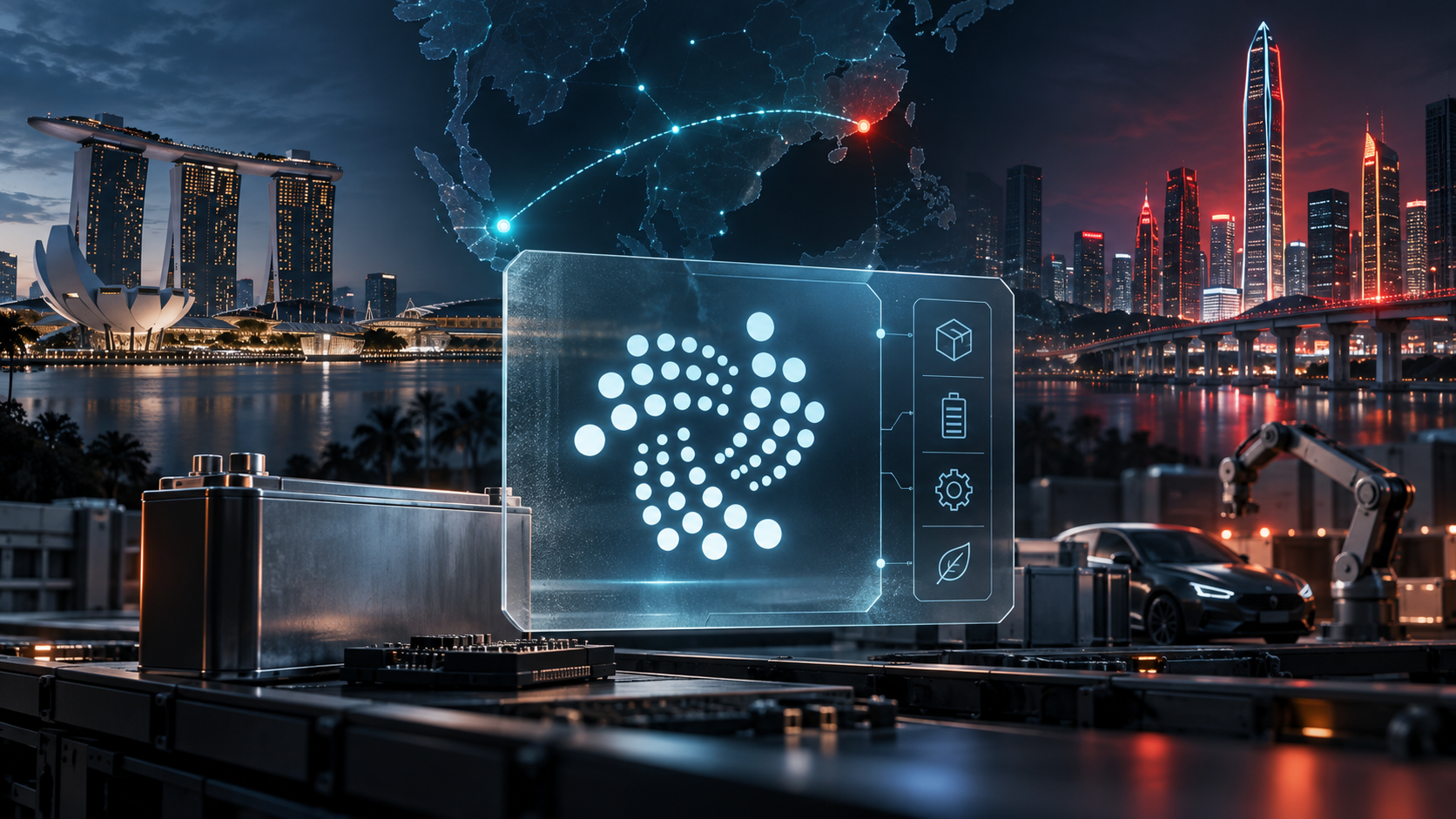 IOTA-Logo vor den Skylines von Singapur und Shenzhen mit digitalem Produktpass und industrieller Lieferkette