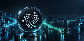 Stilisierter IOTA-Schriftzug aus Lichtpunkten über einem Netzwerk verbundener Validatoren