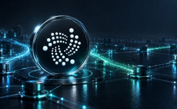 Stilisierter IOTA-Schriftzug aus Lichtpunkten über einem Netzwerk verbundener Validatoren